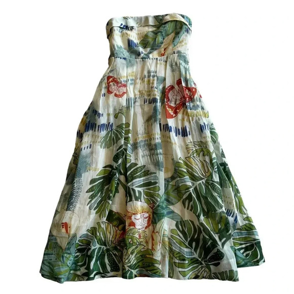Leo Lin Botanical Print Knee-Length Strapless A-Line Linen Silk Dress US Size 2 - Picture 3 of 10